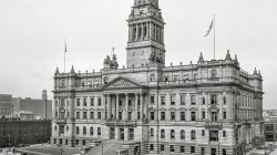 Detroit, circa 1908. Wayne County Building facing Cadillac Square.